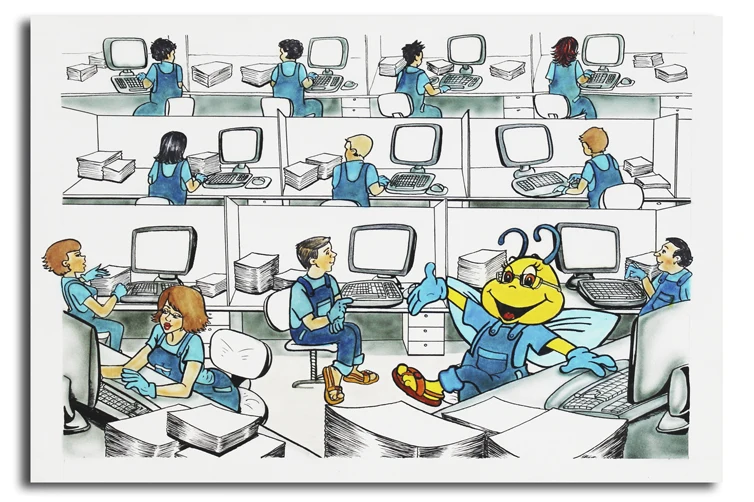 Mascot interacting with people in an illustrated office
