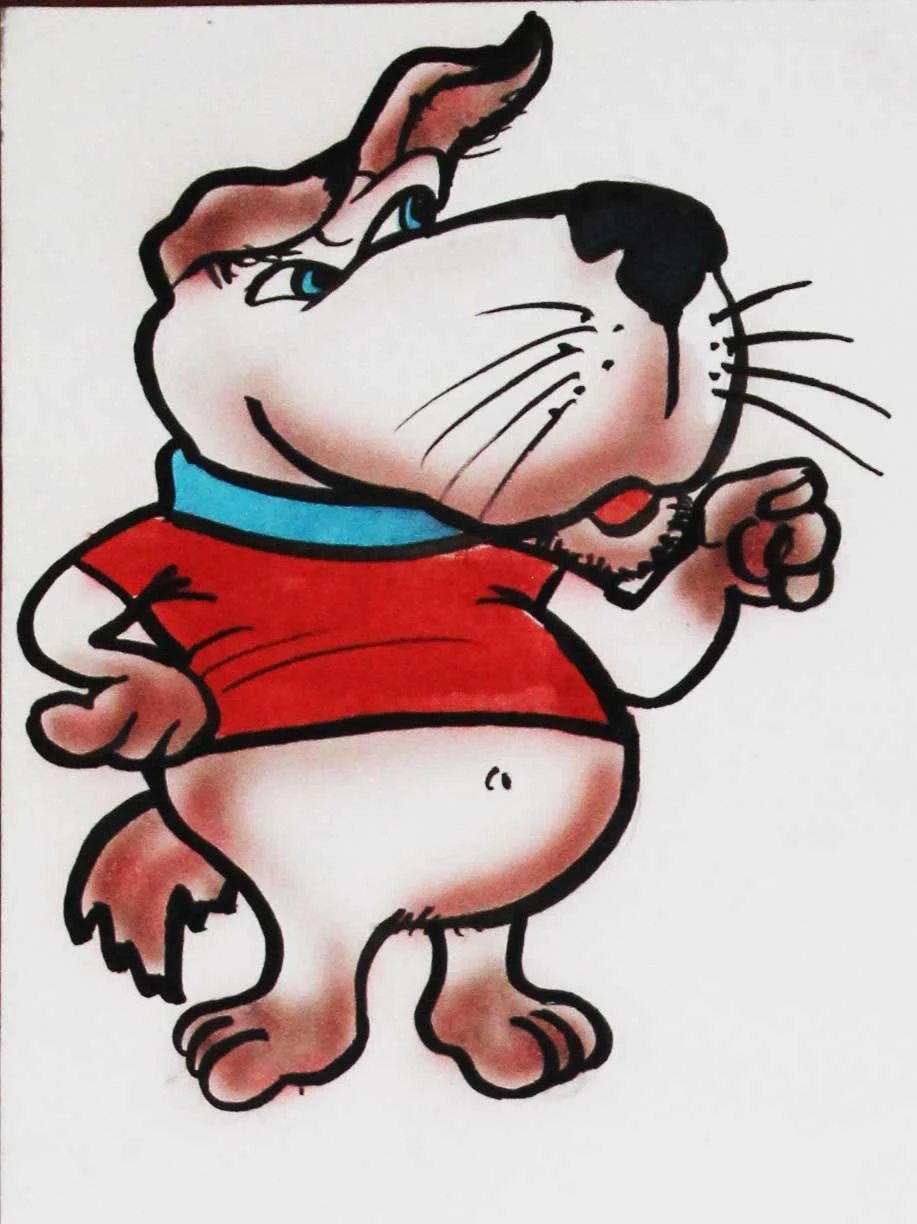 Expressive dog mascot wearing a red shirt