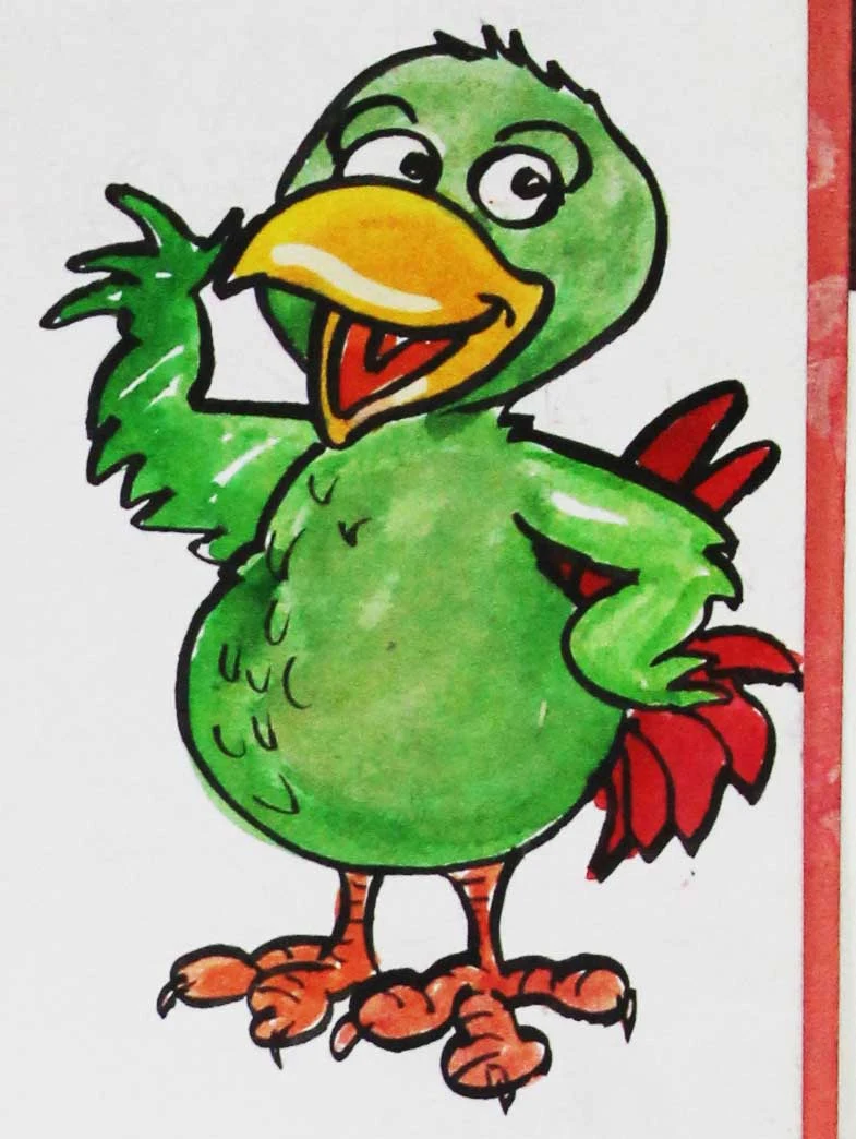 Green bird character with a friendly expression