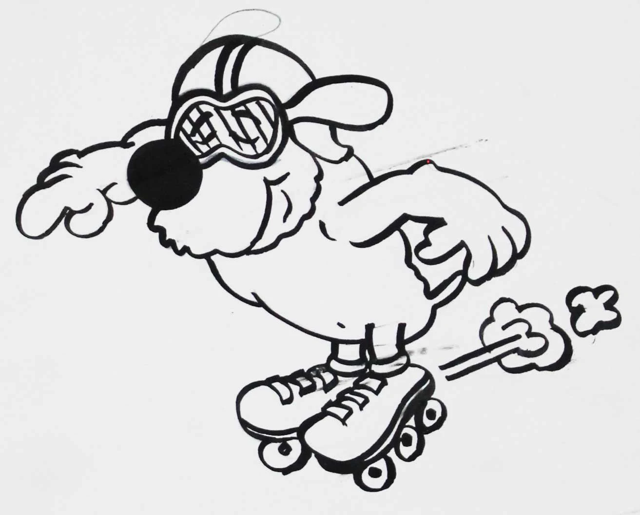 Black-and-white skating mascot with expressive movement