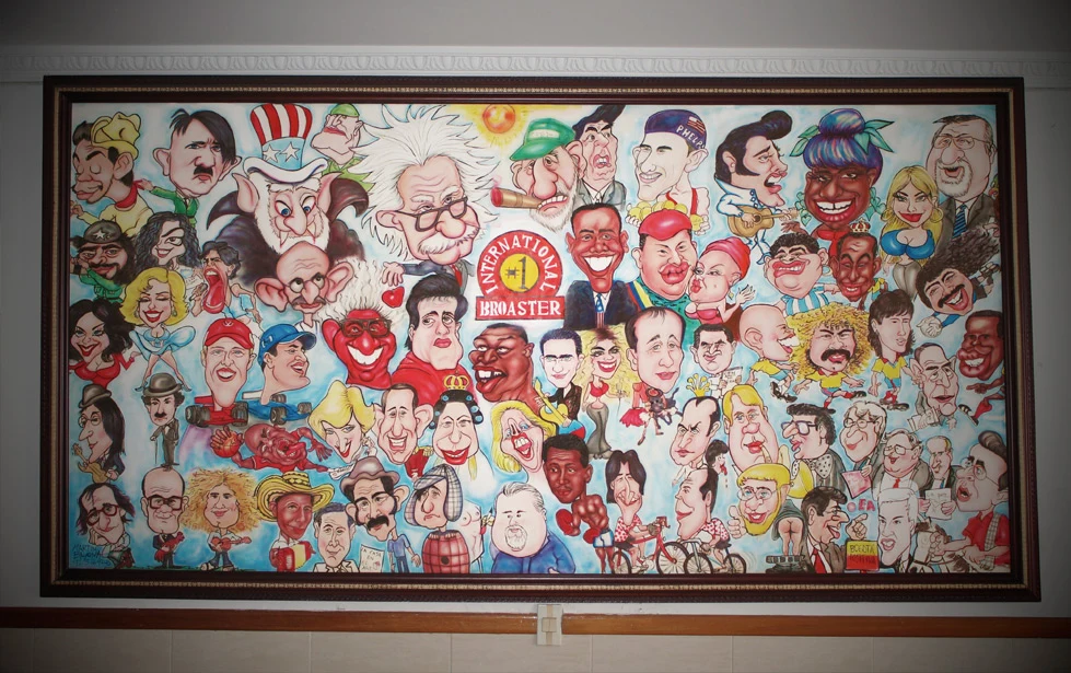 Framed color caricature ensemble featuring the International Broaster identity