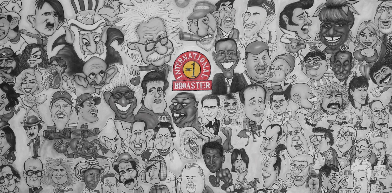 Detailed monochrome view of the caricature ensemble with a color International Broaster identity