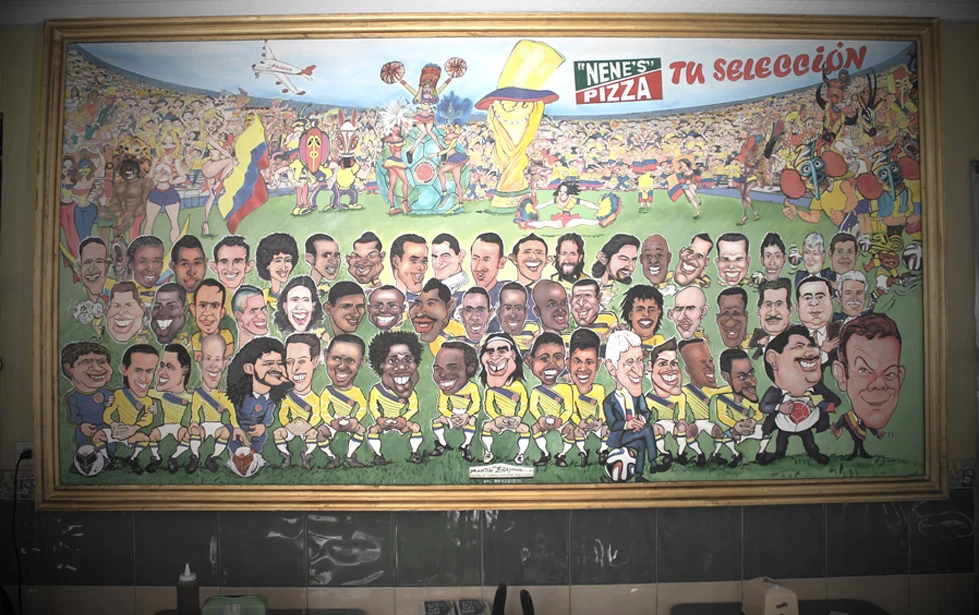 Large restaurant artwork combining a caricature ensemble and a pizza restaurant identity